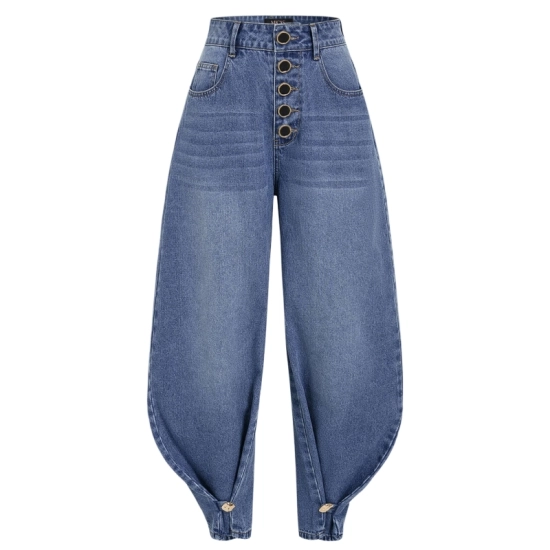 High-rise barrel-leg jeans with adjustable button cuffs – two silhouettes in one, with heritage button-fly.