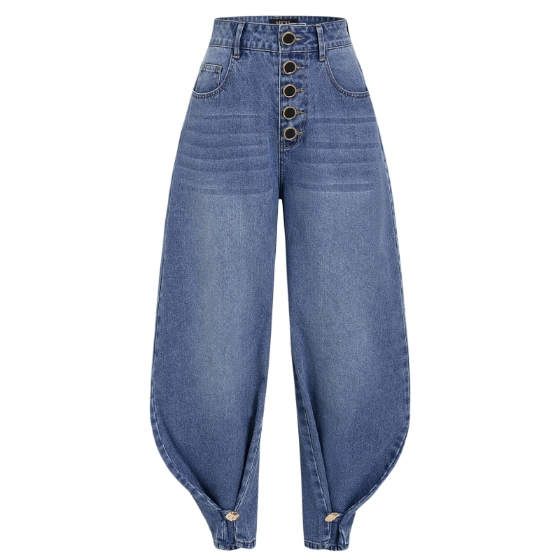 High-rise barrel-leg jeans with adjustable button cuffs – two silhouettes in one, with heritage button-fly.