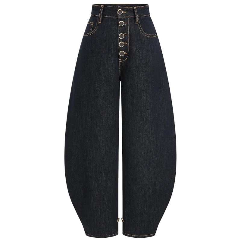 High-rise barrel-leg jeans with adjustable button cuffs – two silhouettes in one, with heritage button-fly. (2) High-rise barrel-leg jeans with adjustable button cuffs – two silhouettes in one, with heritage button-fly. (2)