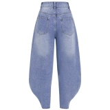 High-rise barrel-leg jeans with adjustable button cuffs – two silhouettes in one, with heritage button-fly. (3) High-rise barrel-leg jeans with adjustable button cuffs – two silhouettes in one, with heritage button-fly. (3)