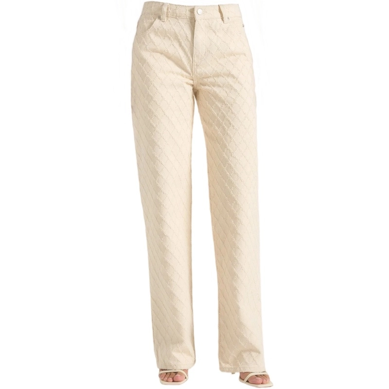 Women's Cream Raw Denim Straight-Leg Pants with Laser-Cut Floral Detail Women's Cream Raw Denim Straight-Leg Pants with Laser-Cut Floral Detail