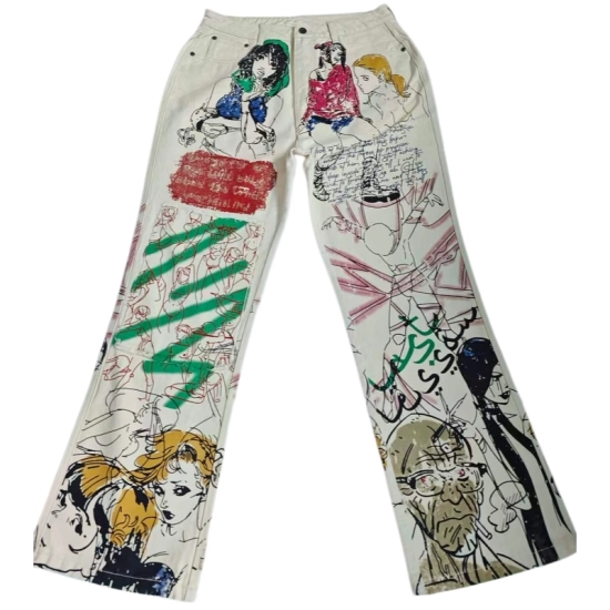 Cream Loomstate 4-Panel All-Over Print Denim Trousers – 13oz 100% Cotton Raw Denim Cream Loomstate 4-Panel All-Over Print Denim Trousers – 13oz 100% Cotton Raw Denim