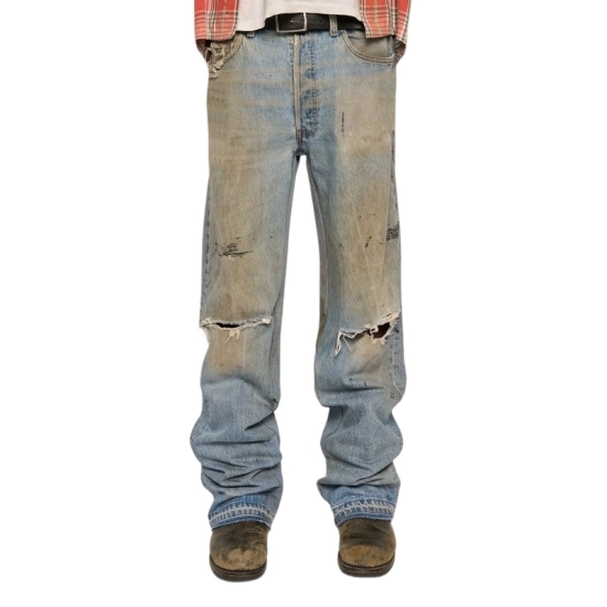 Men's Distressed Stretch Denim Jeans – 14oz Multi-Wash with Patches & Grunge Effects Men's Distressed Stretch Denim Jeans – 14oz Multi-Wash with Patches & Grunge Effects
