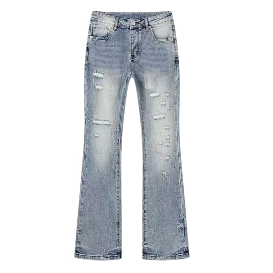 Men‘s 100% Cotton 14oz Heavy Distressed Jeans – Light Blue Industrial Salt-Wash Finish