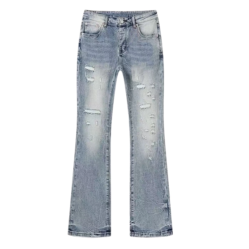 Men‘s 100% Cotton 14oz Heavy Distressed Jeans – Light Blue Industrial Salt-Wash Finish Men‘s 100% Cotton 14oz Heavy Distressed Jeans – Light Blue Industrial Salt-Wash Finish