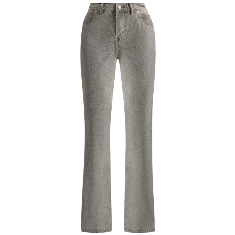 Women‘s 100% Cotton 15oz Smoke Grey Washed Micro-Flare Extra-Long Jeans Women‘s 100% Cotton 15oz Smoke Grey Washed Micro-Flare Extra-Long Jeans