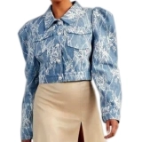 Washed & Pleated Denim Jacket with Lace Applique Washed & Pleated Denim Jacket with Lace Applique