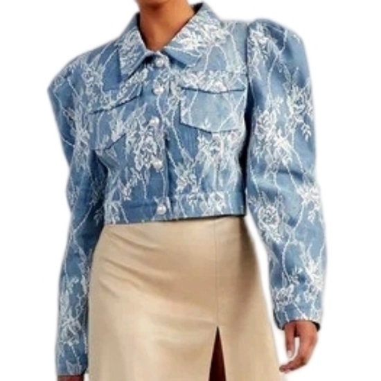 Washed & Pleated Denim Jacket with Lace Applique Washed & Pleated Denim Jacket with Lace Applique