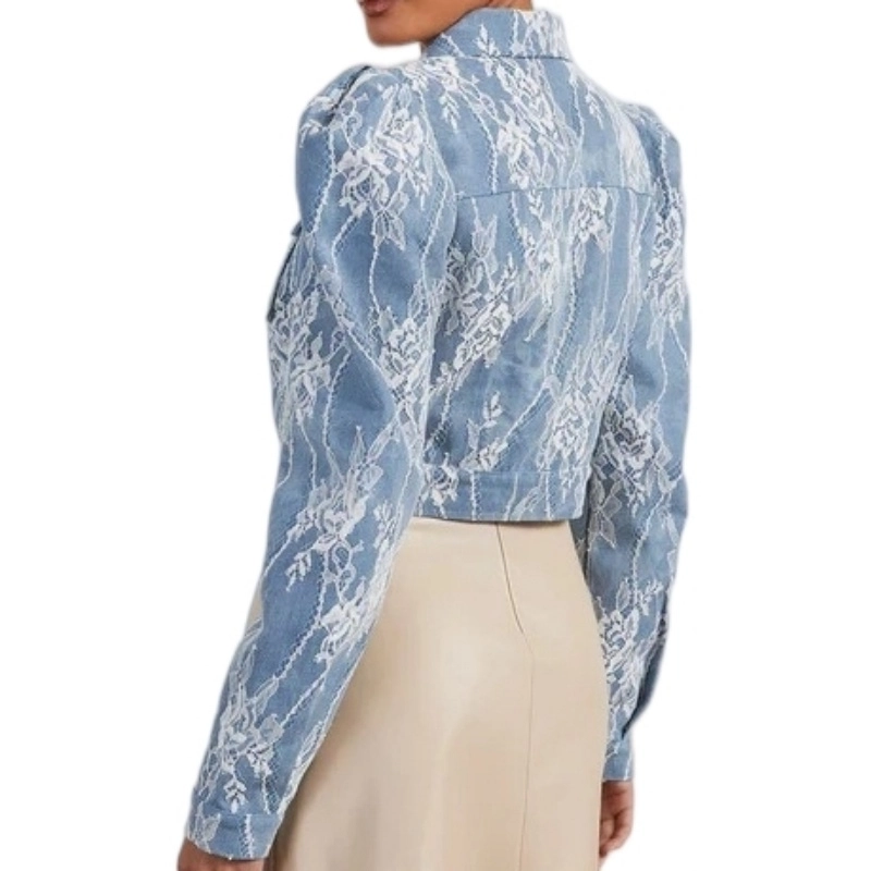 Washed & Pleated Denim Jacket with Lace Applique (4) Washed & Pleated Denim Jacket with Lace Applique (4)