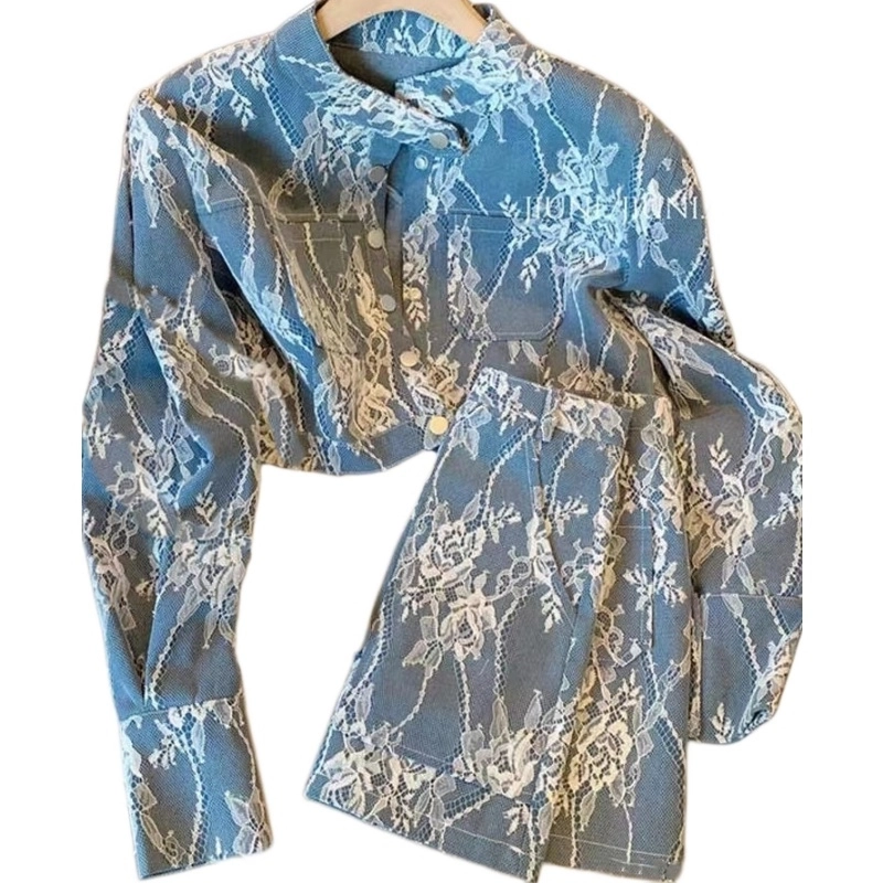 Washed & Pleated Denim Jacket with Lace Applique (5) Washed & Pleated Denim Jacket with Lace Applique (5)
