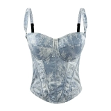 Washed & Pleated Denim Tops with Lace Applique Washed & Pleated Denim Tops with Lace Applique