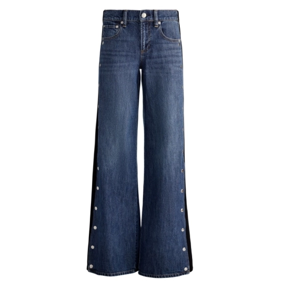 Women‘s 100% Cotton 12oz Color-Block Straight-Leg Jeans with Side-Seam Button Opening
