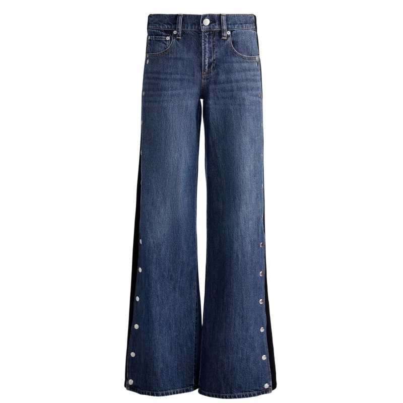 Women‘s 100% Cotton 12oz Color-Block Straight-Leg Jeans with Side-Seam Button Opening