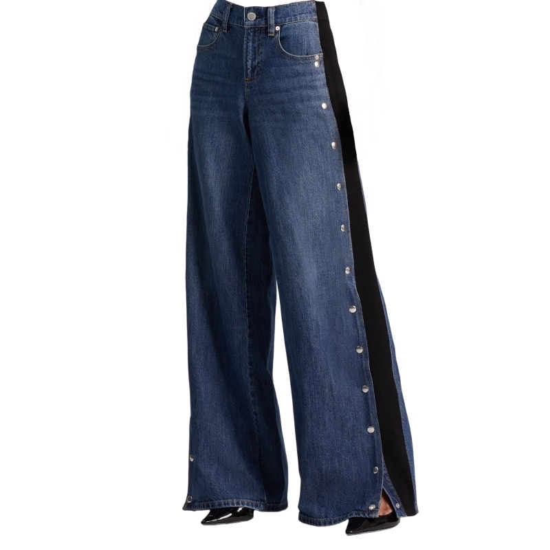 Women‘s 100% Cotton 12oz Color-Block Straight-Leg Jeans with Side-Seam Button Opening (2)