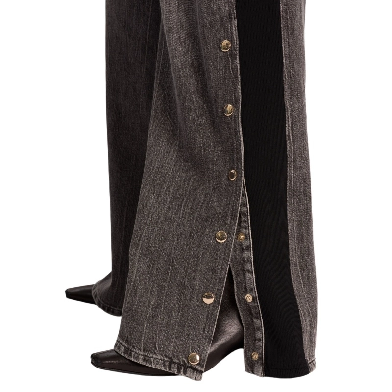 Women‘s 100% Cotton 12oz Color-Block Straight-Leg Jeans with Side-Seam Button Opening (5)